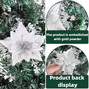 Silver artificial poinsettia with glitter for Christmas tree decoration front and back view