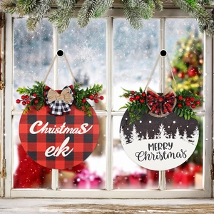 Detailed view of two 28cm rustic Christmas wooden hanging signs with plaid bows and greenery
