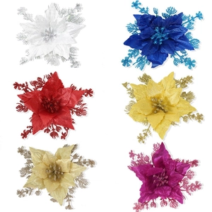 Set of 15cm glitter Christmas flowers in six colors for holiday tree decoration