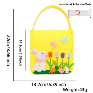 Detailed view of yellow felt Easter candy bag with bunny patterns and size dimensions