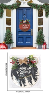 Christmas round wooden door hanger with greenery, plaid bow, and Merry Christmas text.