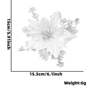 Silver glitter artificial poinsettia flower for Christmas tree decor, size 15.5cm by 15cm