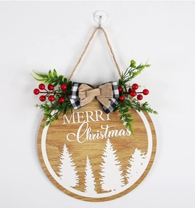 Close-up of a 28cm rustic wooden Christmas door sign with a Merry Christmas print and bow.
