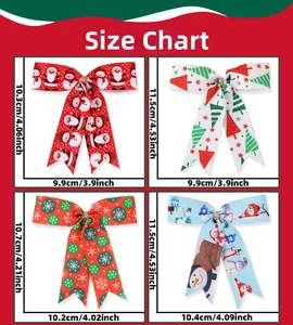 Size chart showing dimensions for four styles of festive Christmas tree ribbon bows