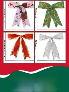 Detailed size specifications for four assorted glitter Christmas bows for tree decor