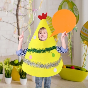 Funny yellow felt chicken costume for kids with colorful polka dots for Easter parties