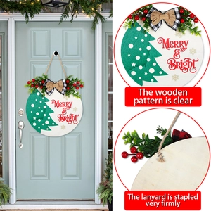 28cm Christmas wooden door sign with Merry & Bright pattern and buffalo plaid bow decoration
