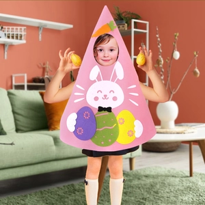 Pink felt Easter bunny costume for kids with cartoon rabbit and colorful egg details
