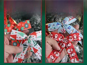 Detail of colorful patterned Christmas bows with snowflakes and Santa Claus motifs