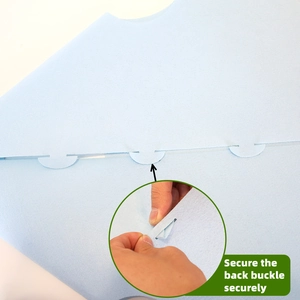 Detail of the blue felt Easter pet costume featuring a secure back buckle closure mechanism