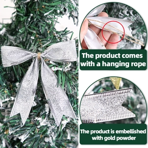 Silver glitter Christmas bow ornament with hanging rope for festive tree decoration