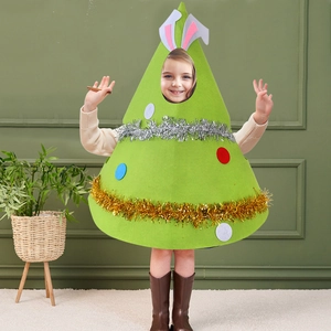 Kids green felt Christmas tree costume with rabbit ears and festive ornaments