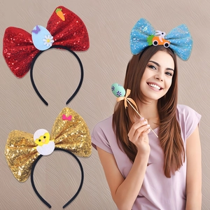 Easter sequin bow headbands featuring bunnies and chicks in red, gold, and blue colors