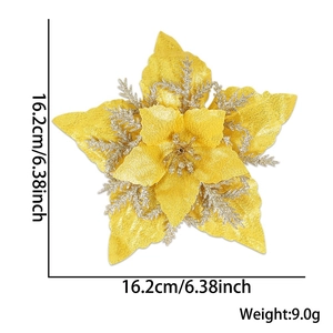 Sparkling gold artificial poinsettia flower for Christmas tree decoration, 16.2cm size