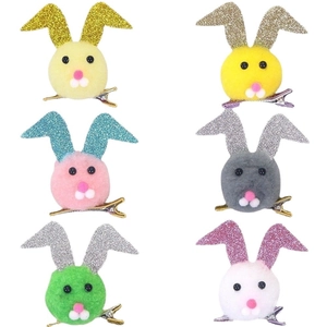 Set di 6 fermagli per capelli con coniglietti di peluche, orecchie glitter e pompon colorati