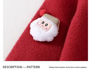 Detail of red knitted sweater featuring a plush Santa Claus patch for Christmas theme