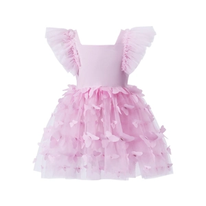 Detail of pink baby tulle dress with ruffled sleeves and 3D butterfly appliqués