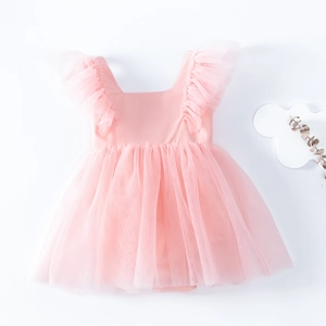 Flat lay of pink baby tutu romper with flutter sleeves and soft mesh skirt detail