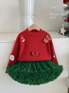 Kids Girls Christmas Sweater Skirt Set Red Knitted Pullover With Santa Reindeer Applique Black Tutu Mesh Skirt Festive Clothing