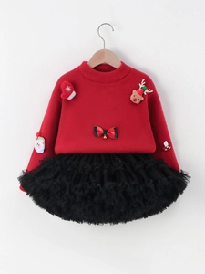 Red Christmas sweater for girls with 3D Santa patterns and black mesh tutu skirt