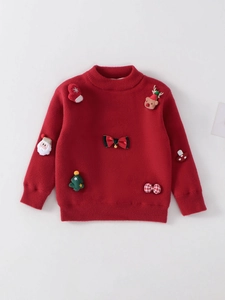 Festive red girls' knit sweater with 3D Christmas themed patches and ribbed round neck