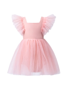 Pink infant mesh tutu romper dress with ruffled sleeves and layered tulle skirt