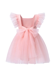 Pink infant girl butterfly mesh tutu princess dress with tiered flutter sleeves and bow