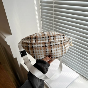 Women Plaid Tweed Waist Bag Fashion Korean Checkered Chest Bag With Adjustable Nylon Strap Casual Woven Crossbody Sling Bag