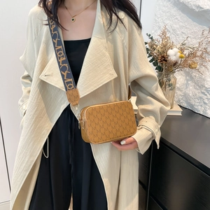 Retro small square crossbody bag in brown M-pattern leather with wide woven strap