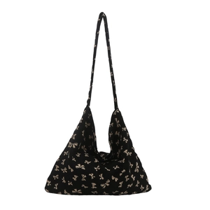 Black tote bag with beige bow print pattern, large capacity casual shoulder bag style