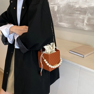 Brown checkered bucket bag with pearl handle and drawstring inner bag shown on a model