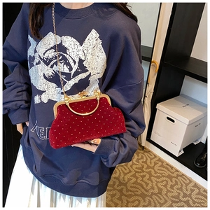 Detail of burgundy velvet crossbody bag with rhinestones and gold chain worn by model