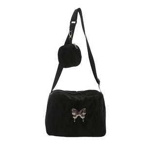 Fashionable black nylon crossbody dumpling bag with embroidered silver butterfly and coin purse