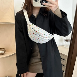 Bolso de pecho japonés de lona blanca con lunares coloridos y correa ajustable mujer