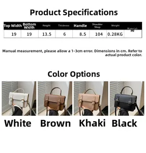 Size chart for casual crossbody square bag with detailed measurements and four colors
