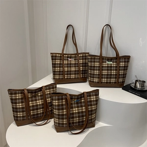 Vintage Plaid Large Capacity Tote Bag For Women Cartoon Dachshund Dog Embroidery Casual Shoulder Bag Office Commute Handbag