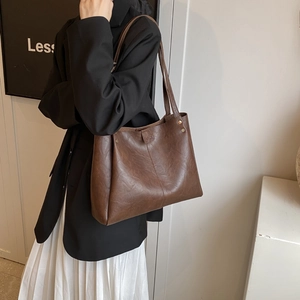 Retro dark brown large capacity PU tote bag with vintage texture and fashion embossing