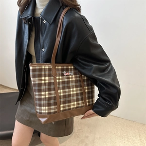 Brown plaid canvas tote bag with dachshund embroidery and faux leather straps