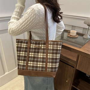Brown plaid tote bag with dachshund embroidery and leather straps for daily commute
