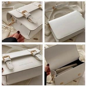 Detailed views of a white square crossbody bag with gold buckles and inner storage