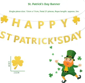 Bannière scintillante St Patrick 13x11cm avec trèfle doré et détails de dimensions