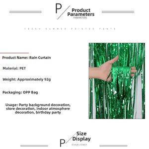 Close-up of green metallic tinsel curtain texture for St. Patrick's Day party backdrop