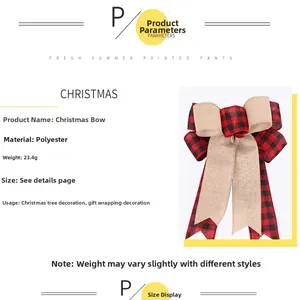 Detail view of red buffalo plaid and burlap Christmas bowknot with weight and material info