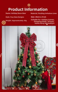 Detail of red and black buffalo plaid Christmas bow used as a festive tree topper