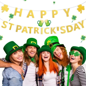 Bannière Saint-Patrick Paillettes Dorées Happy St Patrick's Day Lettre Banderole Trèfle Irlandais Guirlande Suspendue Décoration Festive