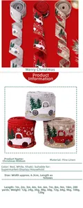 Detail of Christmas ribbons with truck and tree prints on linen-style fabric with glitter edges