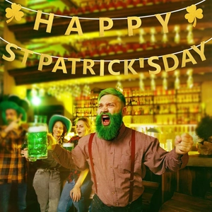 Bannière dorée pailletée Happy St. Patrick's Day avec trèfle pour décoration de fête