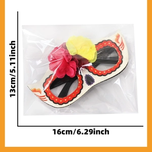 Detailed dimensions of Day of the Dead mask glasses with red floral and skull patterns