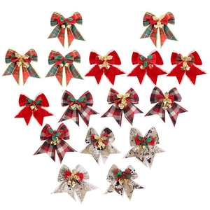 Christmas tree bow set with red plaid patterns, bells, and berries for festive decor