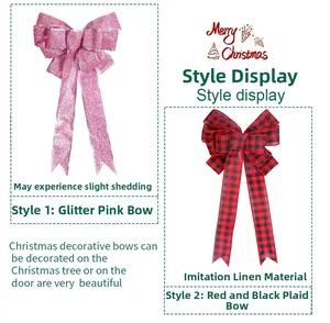 Close-up of pink glitter bows and red checkered fabric bows for Christmas tree decoration